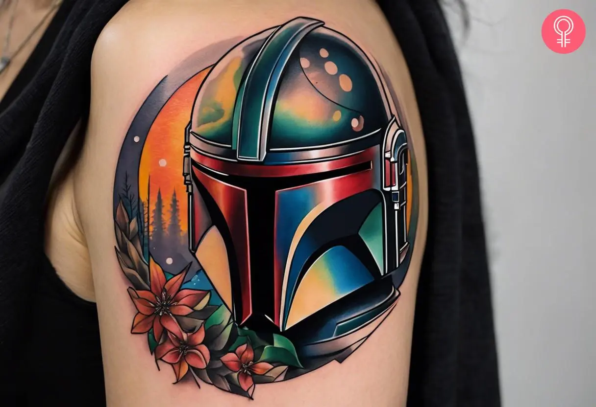 Cool Mandalorian helmet tattoo on the upper arm