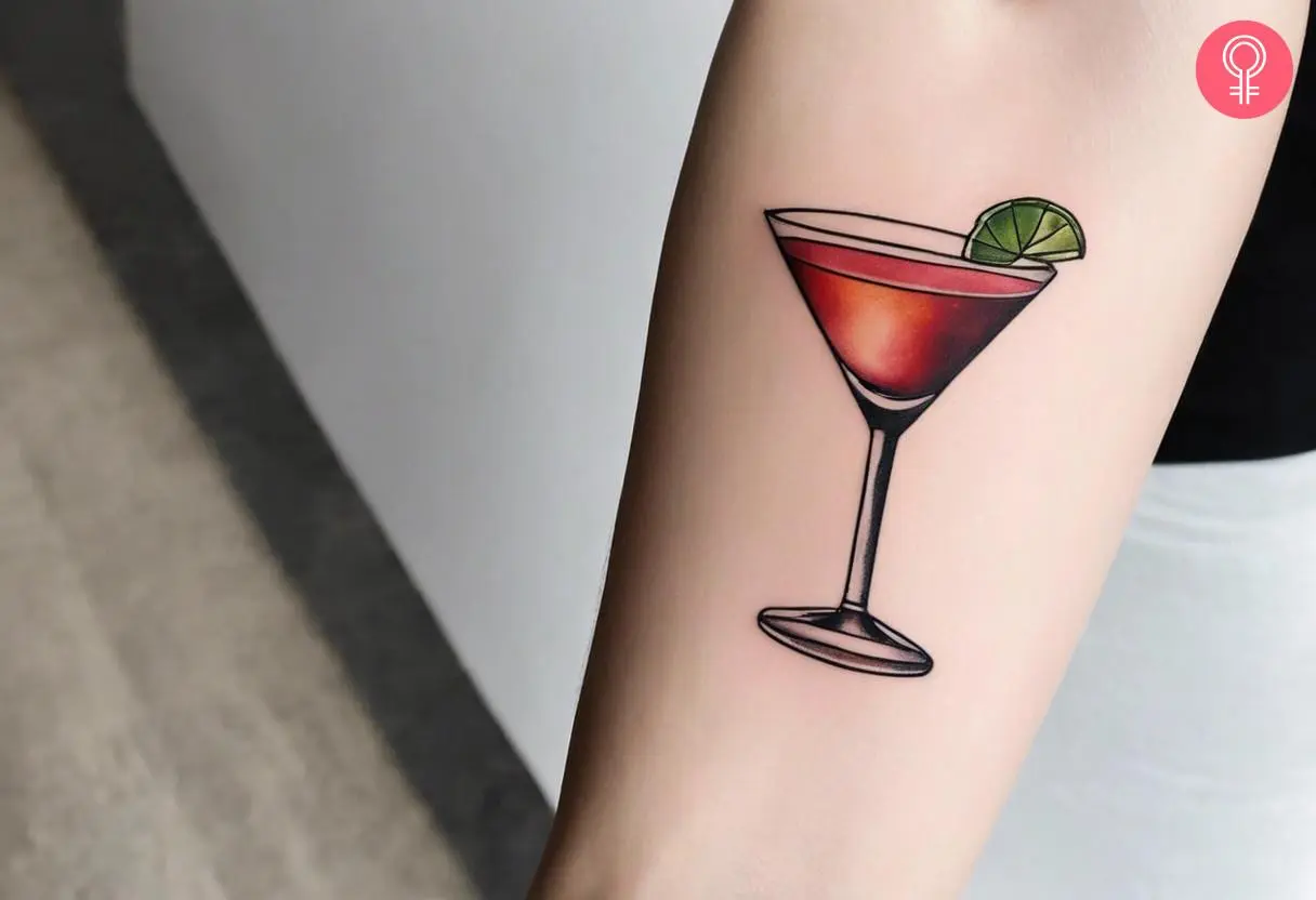 A forearm tattoo of a Cosmopolitan