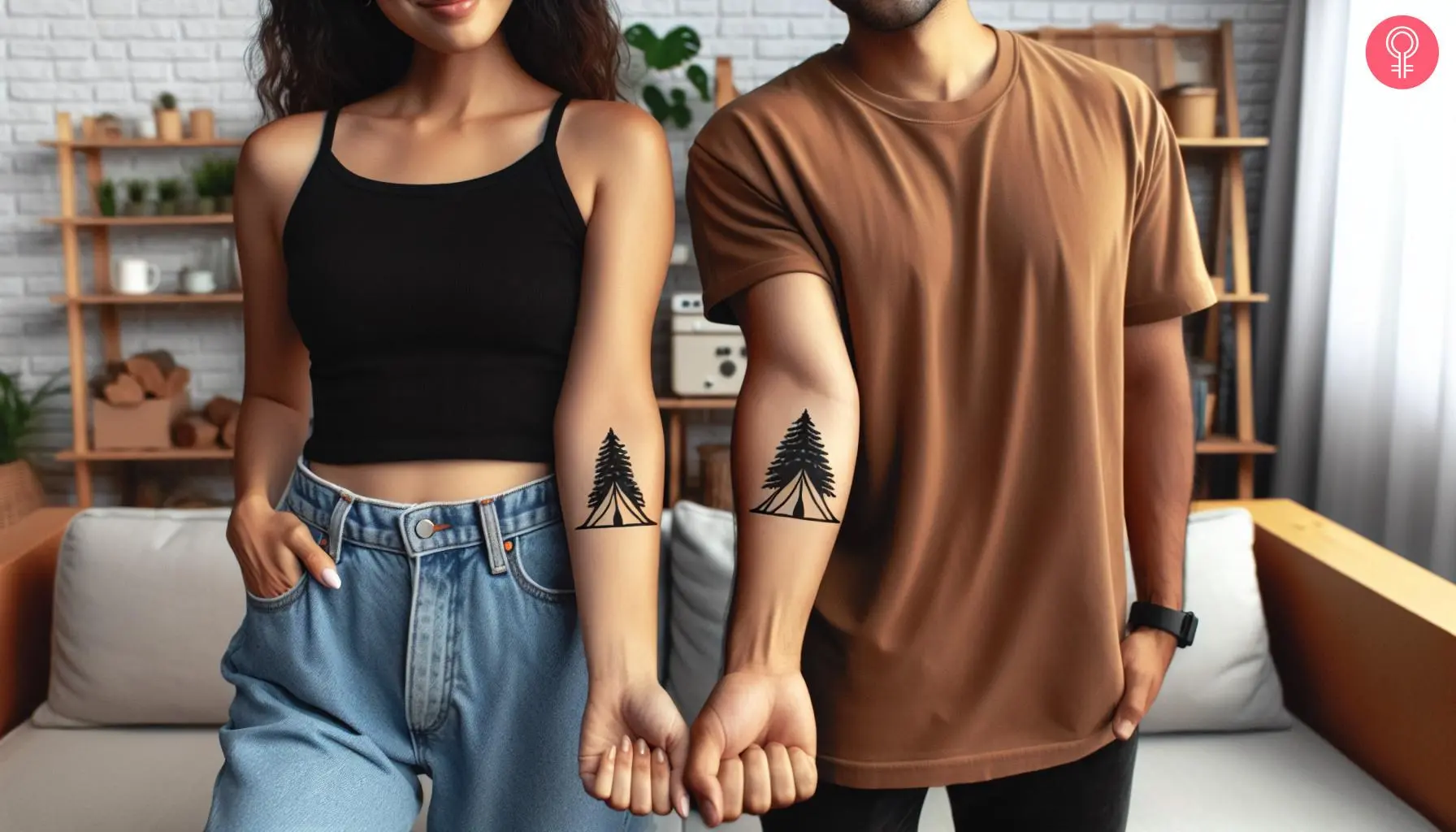 Couple’s camping tent tattoo on the forearms