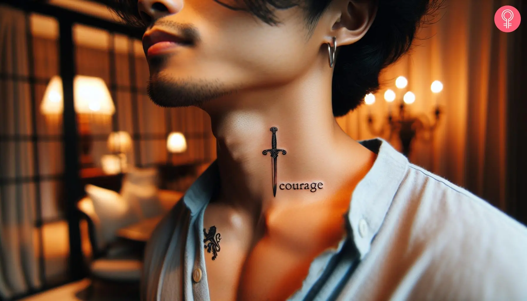 A small courage script tattoo with a sword on the neck