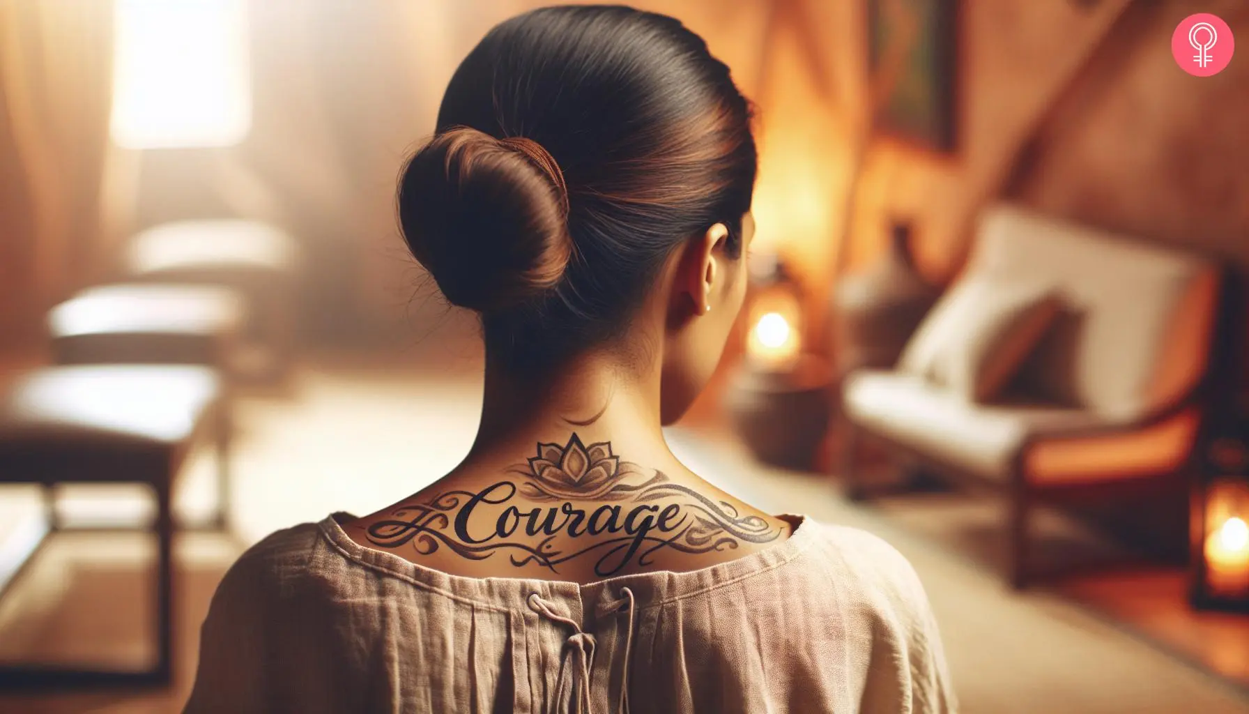 An elegant script tattoo on the back of the neck