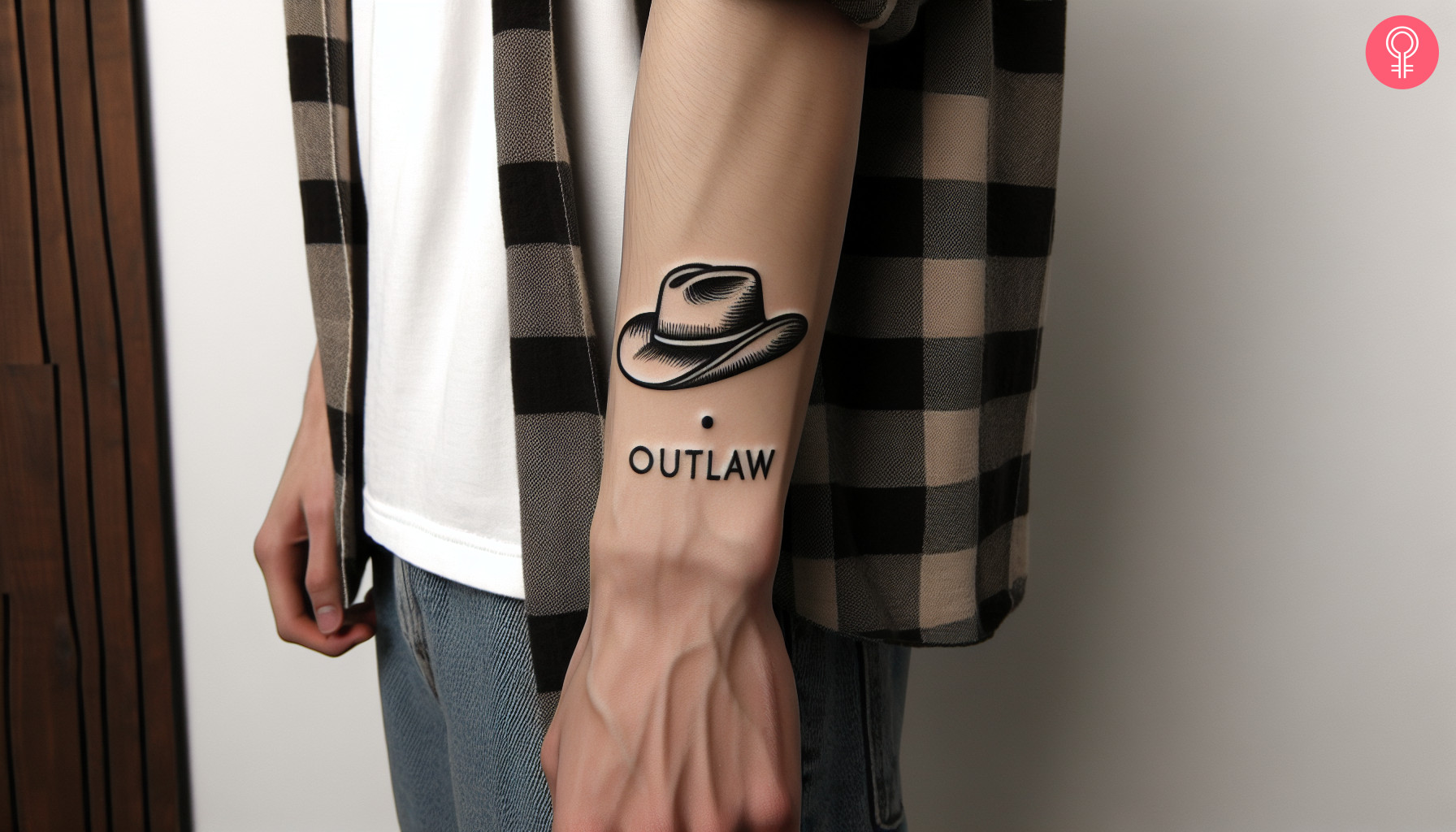 An outlaw text tattoo with a cowboy hat inked on the wrist