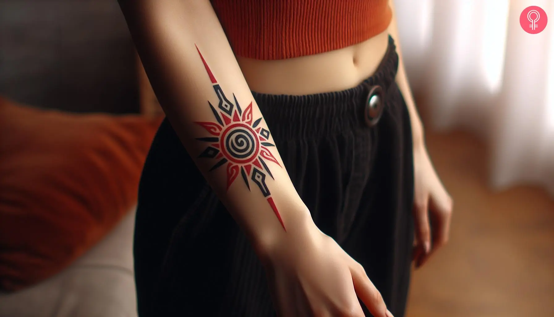 A geometric tattoo of a sun in black and red ink