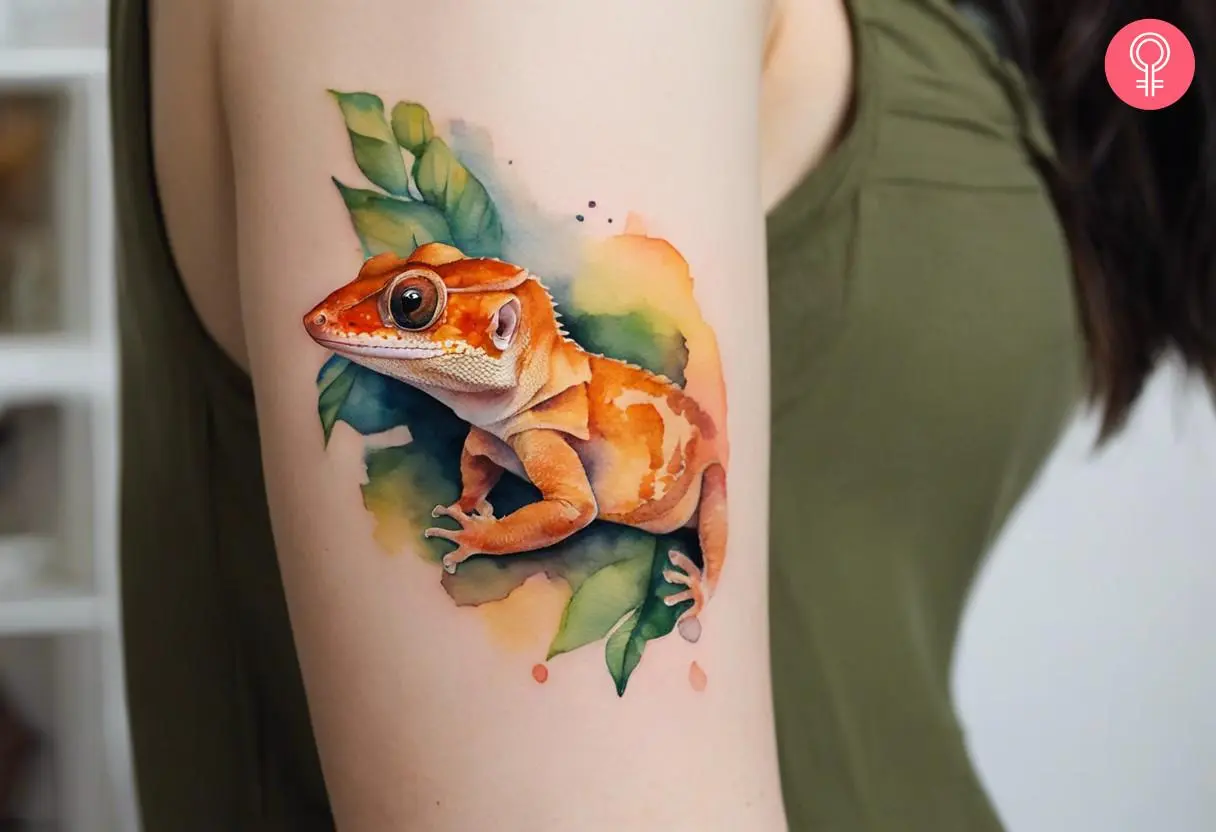 Crested gecko tattoo on the arm