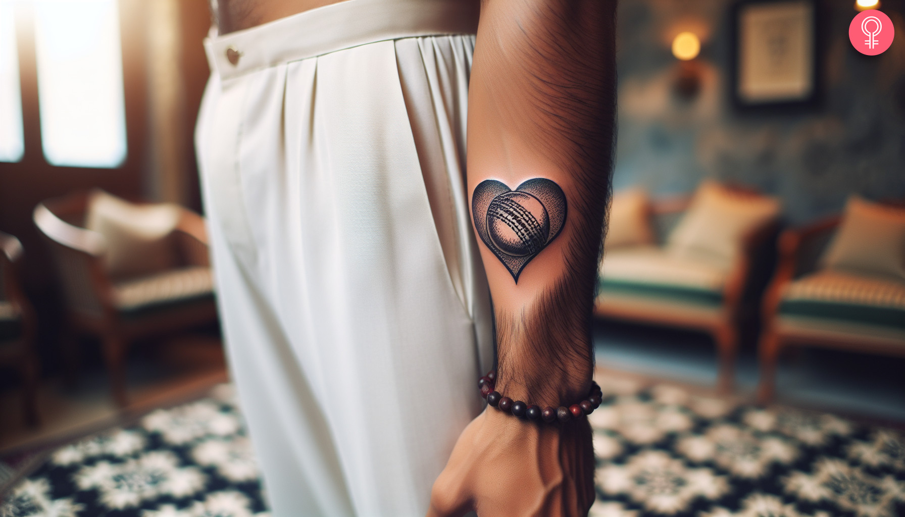 Cricket ball in a heart symbol tattoo on the forearm