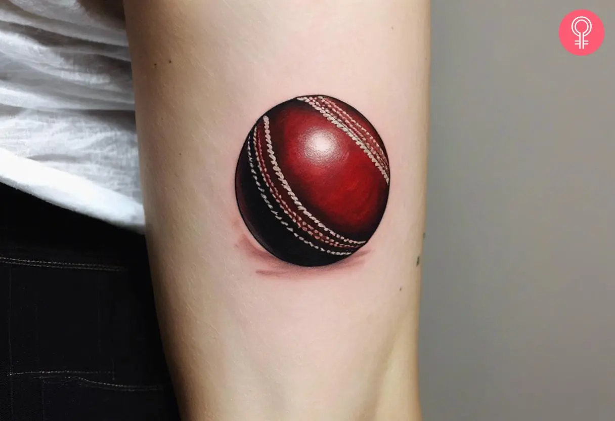 Cricket ball tattoo on the outer arm