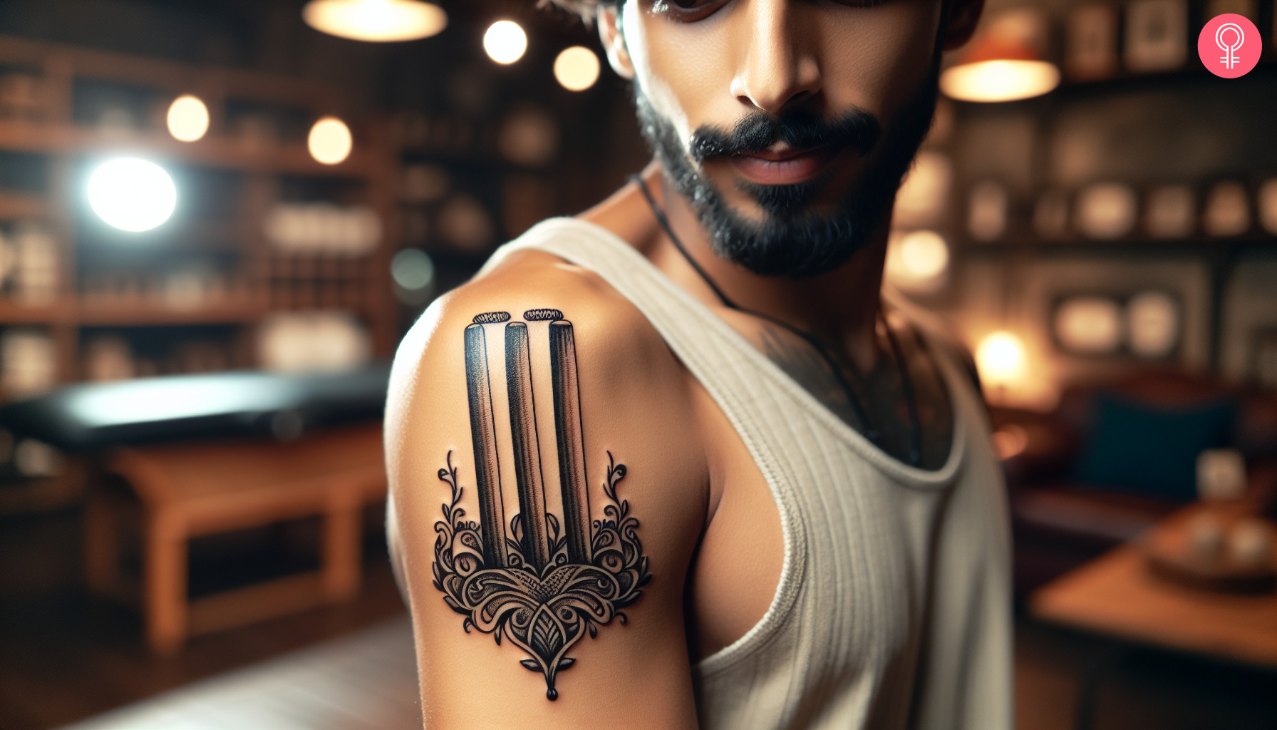 Cricket stumps tattoo on the upper arm