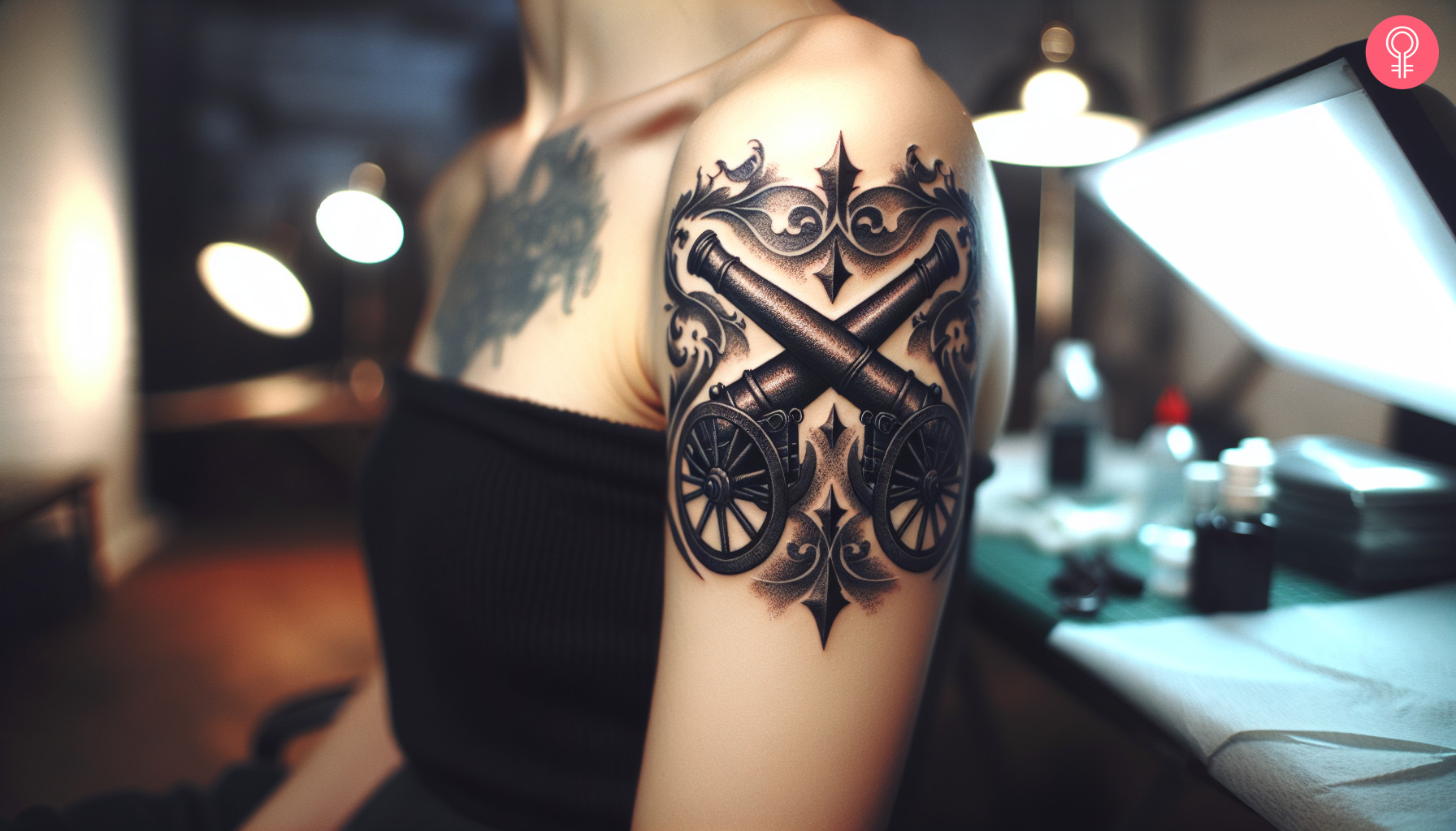 A woman with a black double, cross cannon tattoo on her upper arm