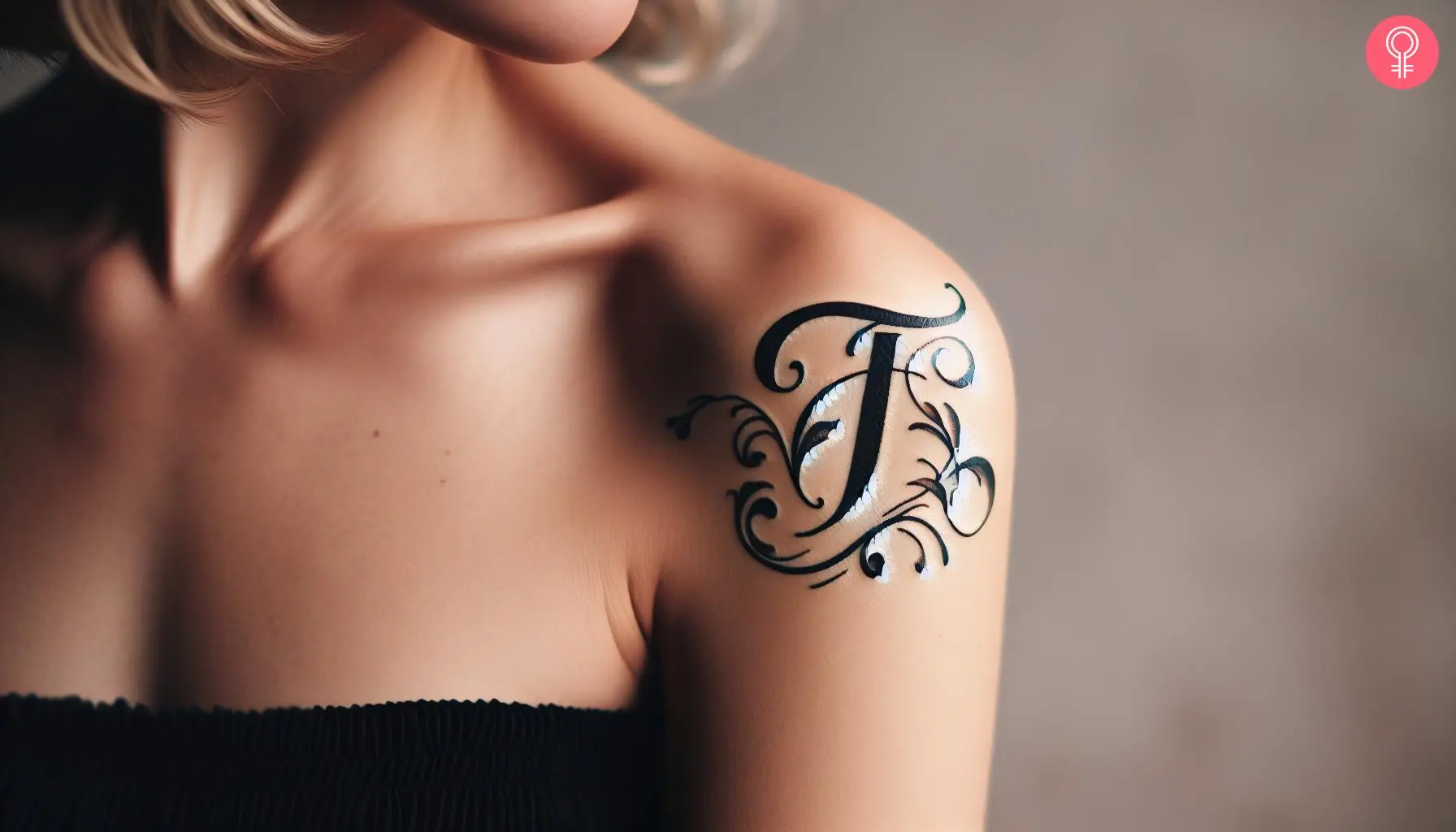 A woman wearing a cursive ‘T’ tattoo on the upper arm