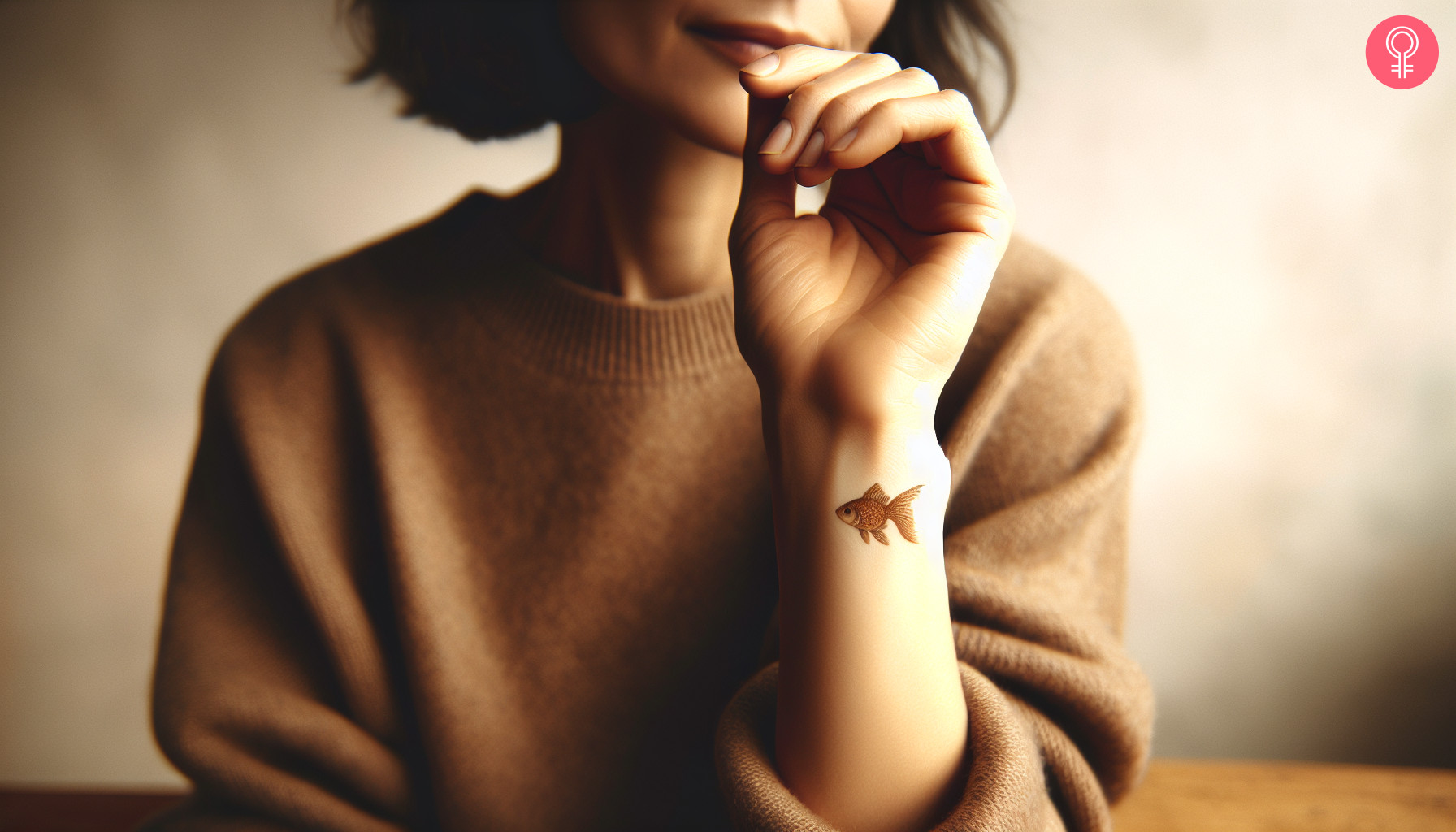 A cute goldfish tattoo on a woman’s wrist