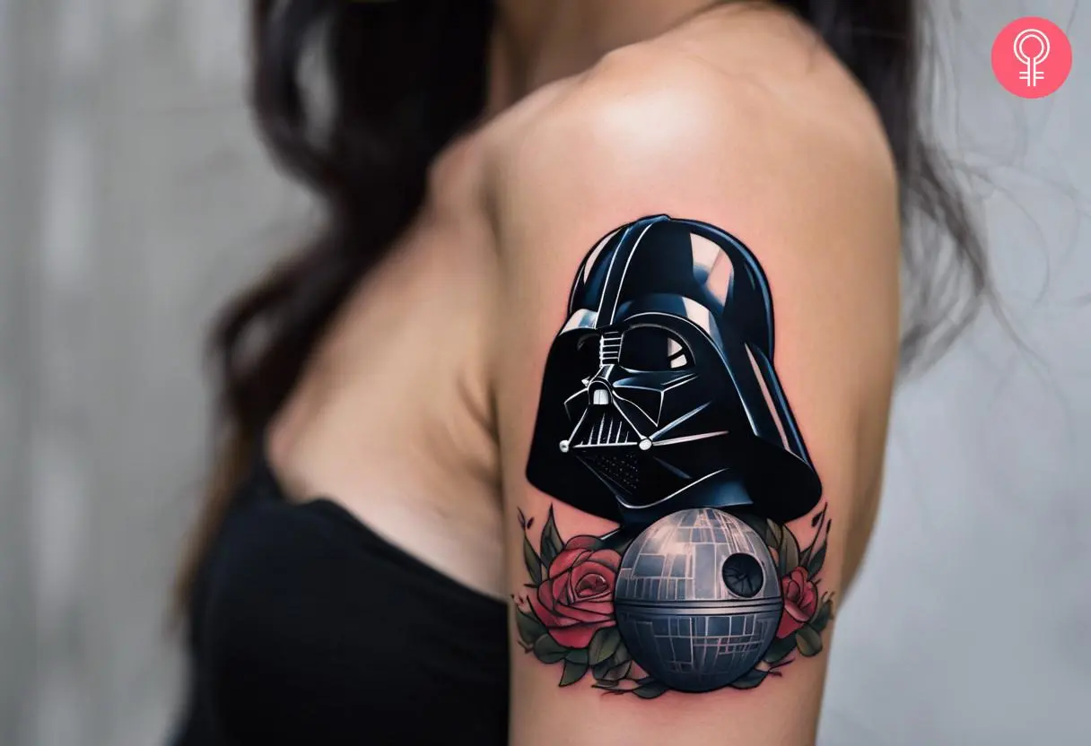 Darth Vader and Death Star tattoo on a woman’s arm