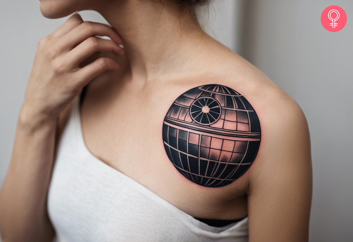 Death star tattoo on the shoulder of a woman