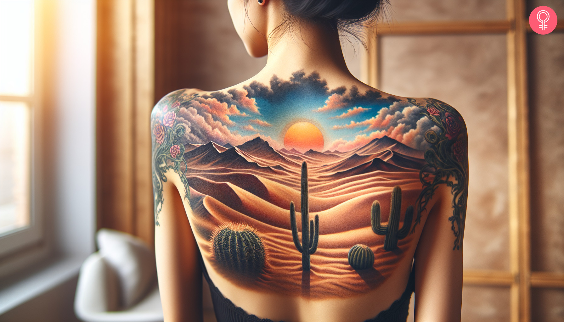 A woman with a colored desert scenery tattoo on her upper back