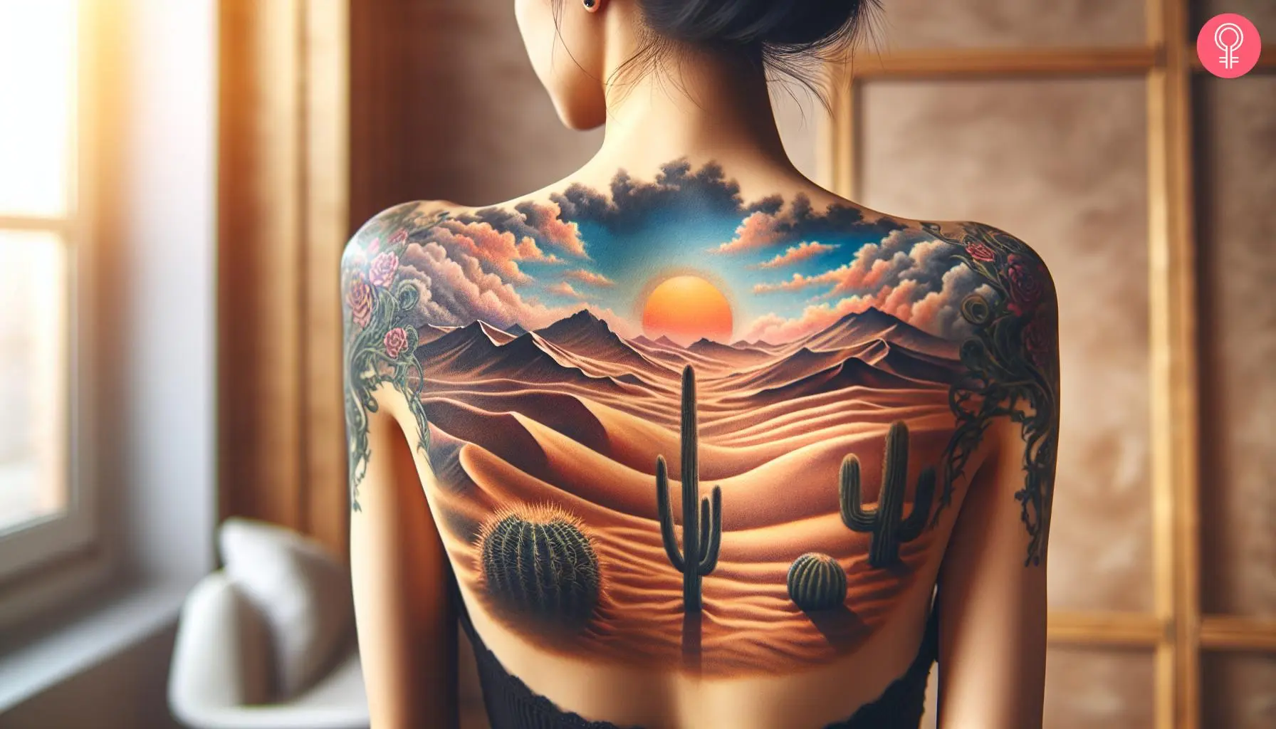 A woman with a colored desert scenery tattoo on her upper back