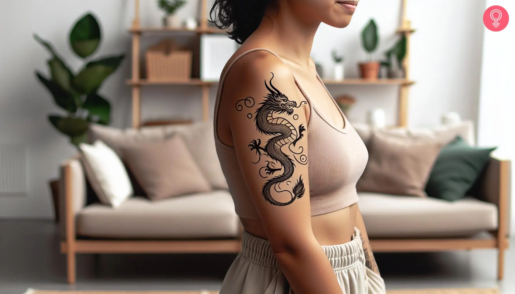 A woman with a dragon sketch tattoo on her arm