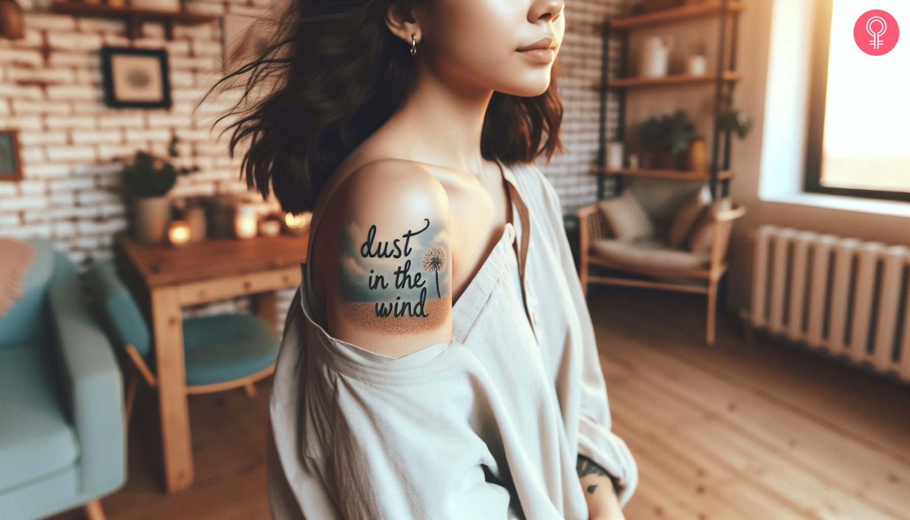 An upper arm tattoo featuring the phrase "dust in the wind" written