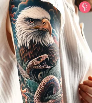 A woman with an eagle and snake tattoo on her arm