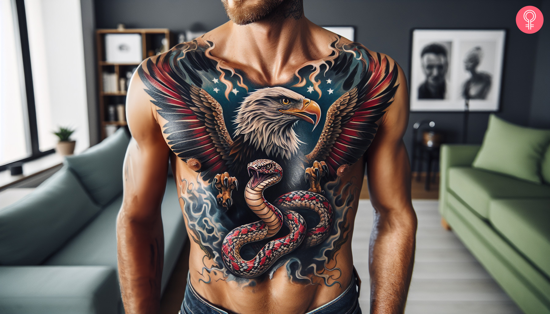 A man with an eagle and snake tattoo on his chest