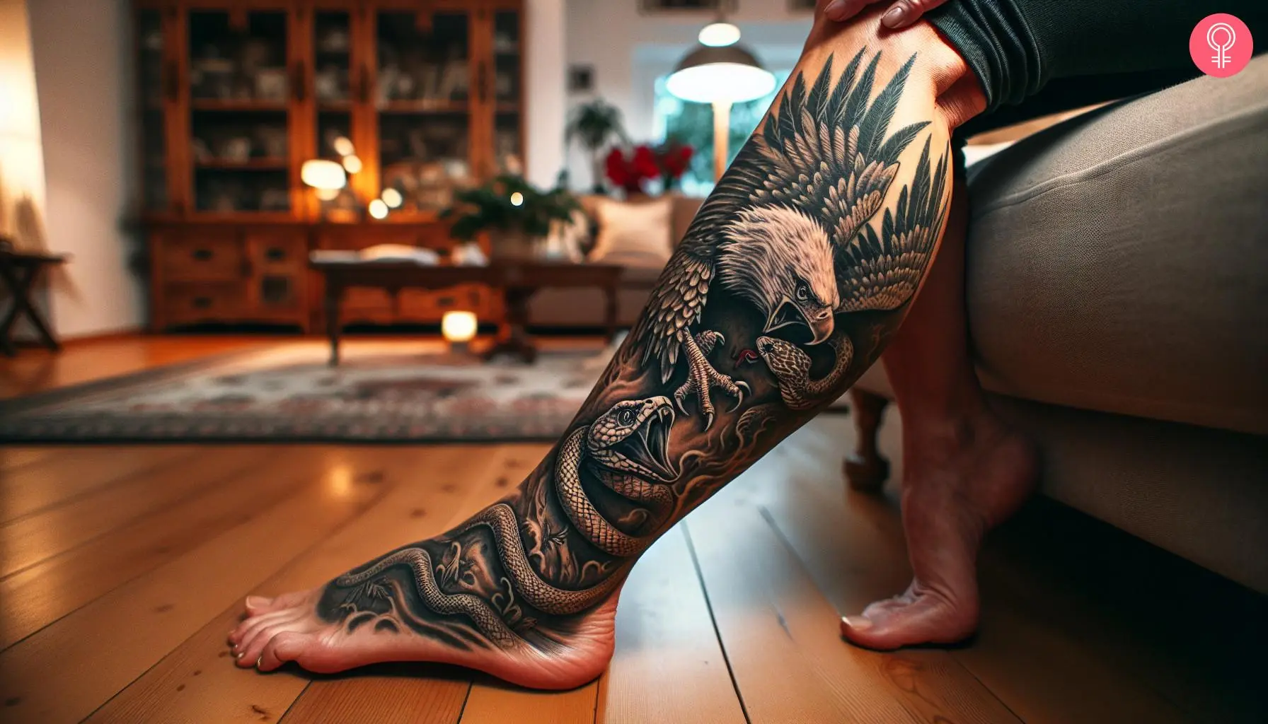 A woman flaunting an eagle-fighting snake tattoo on her calf