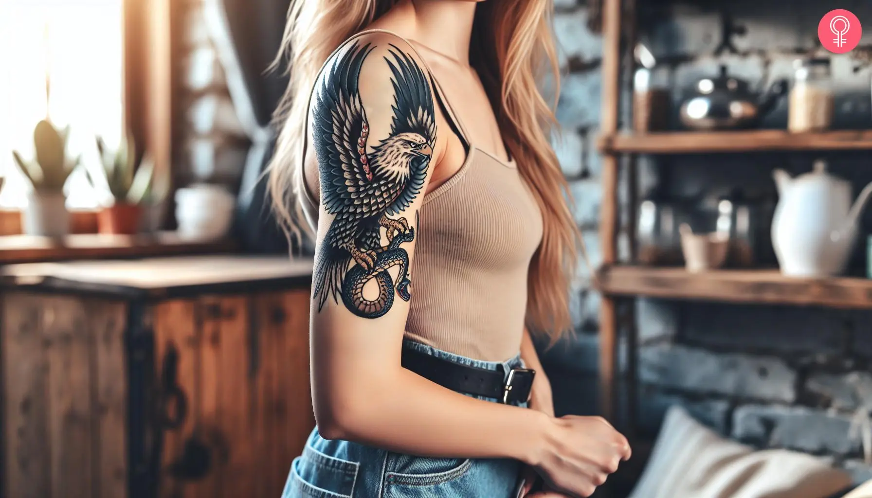 A woman with an eagle-killing snake tattoo on her bicep