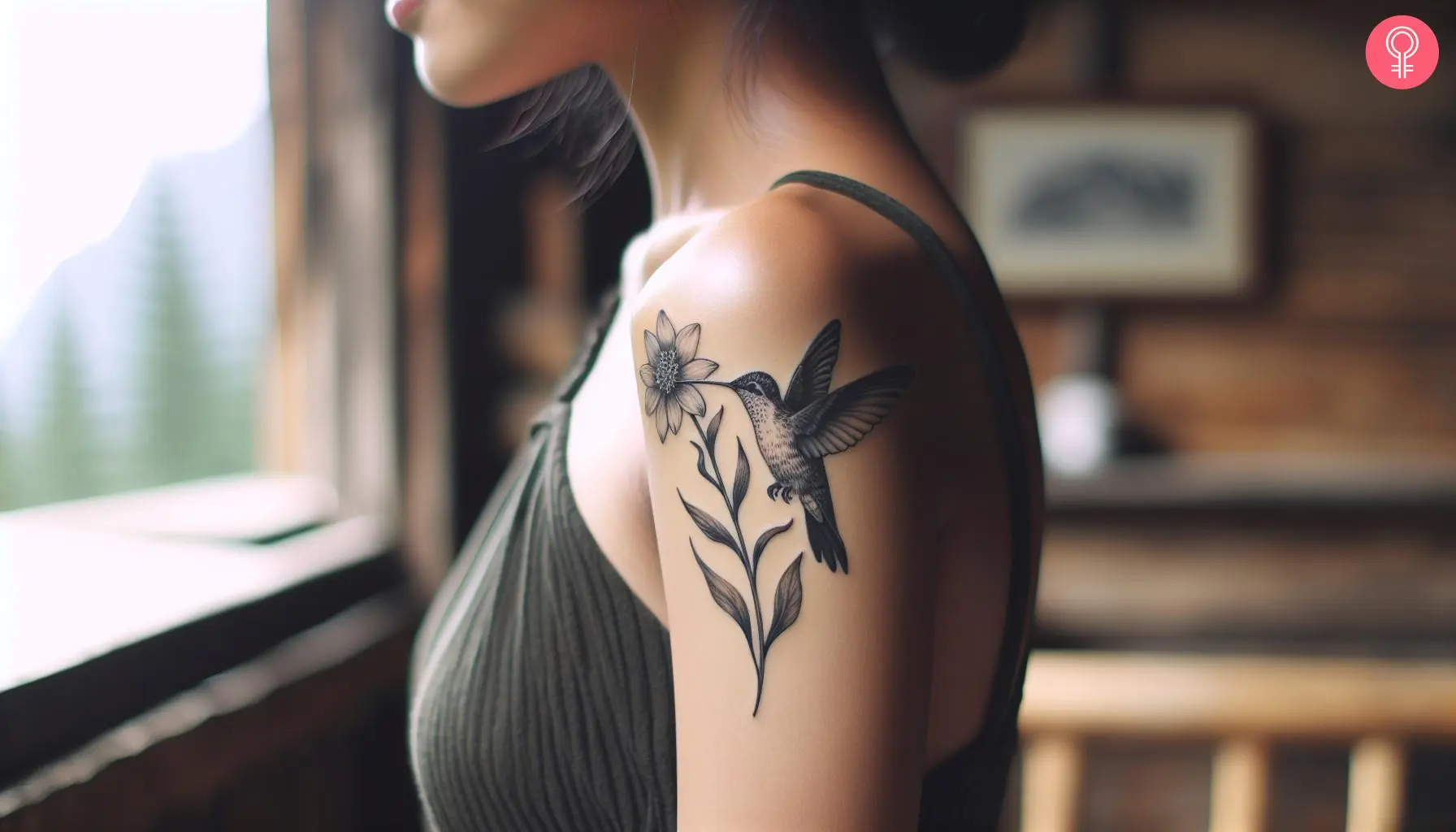 A woman with a black Edelweiss flower and hummingbird tattoo on her upper arm