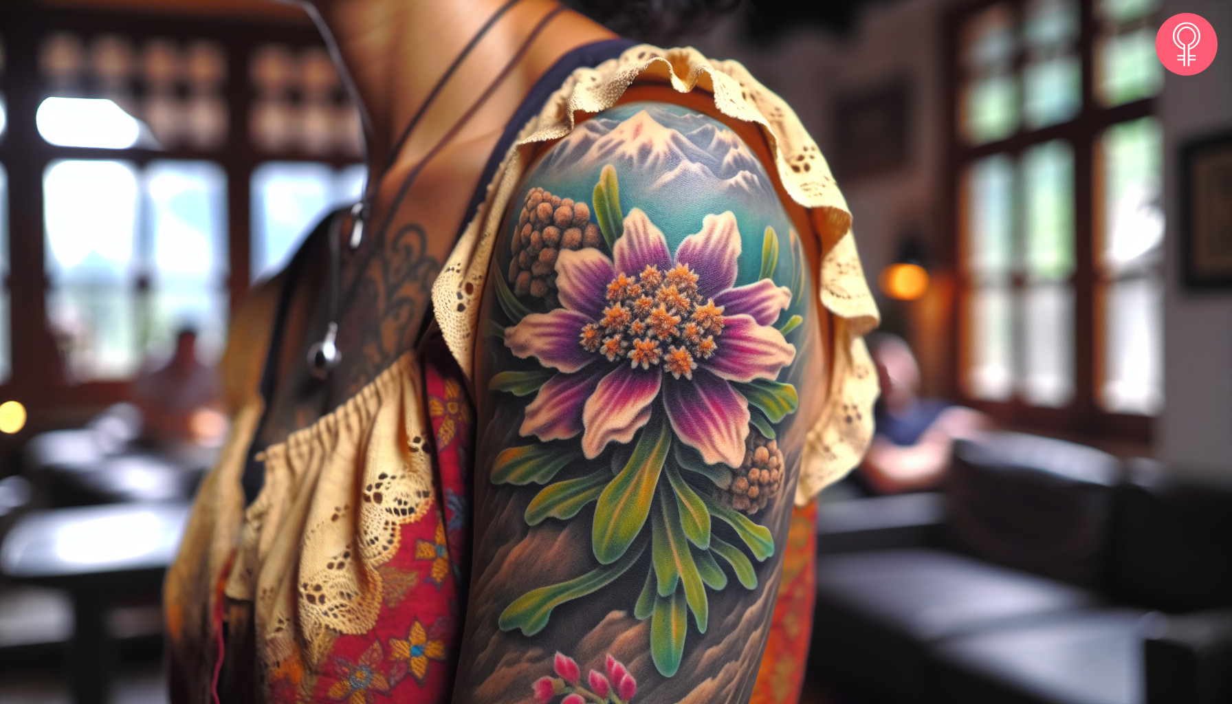 A woman with a vibrant Edelweiss flower tattoo on her upper arm