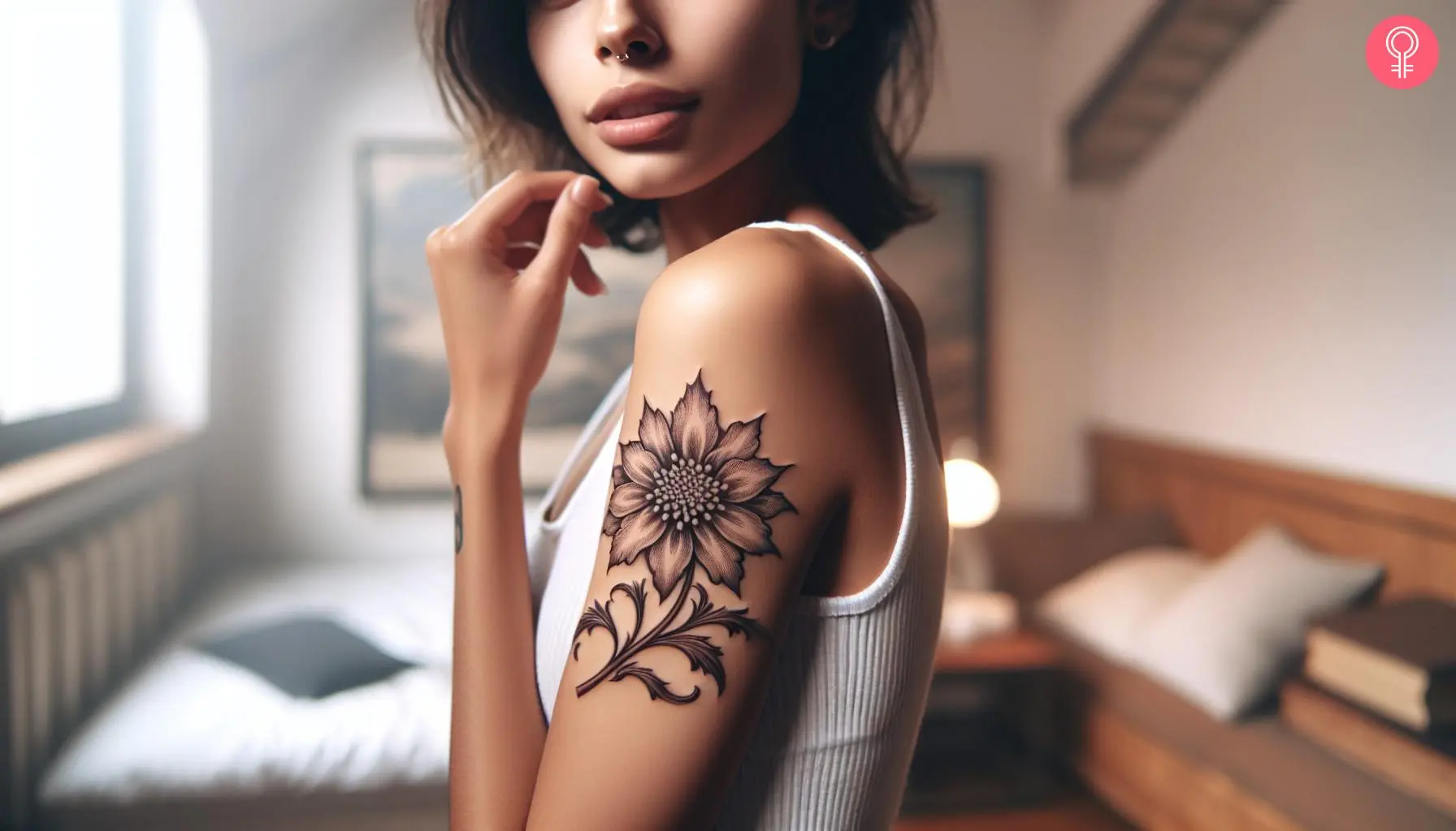 A woman with a fine line and black-hued Edelweiss flower tattoo on her upper arm