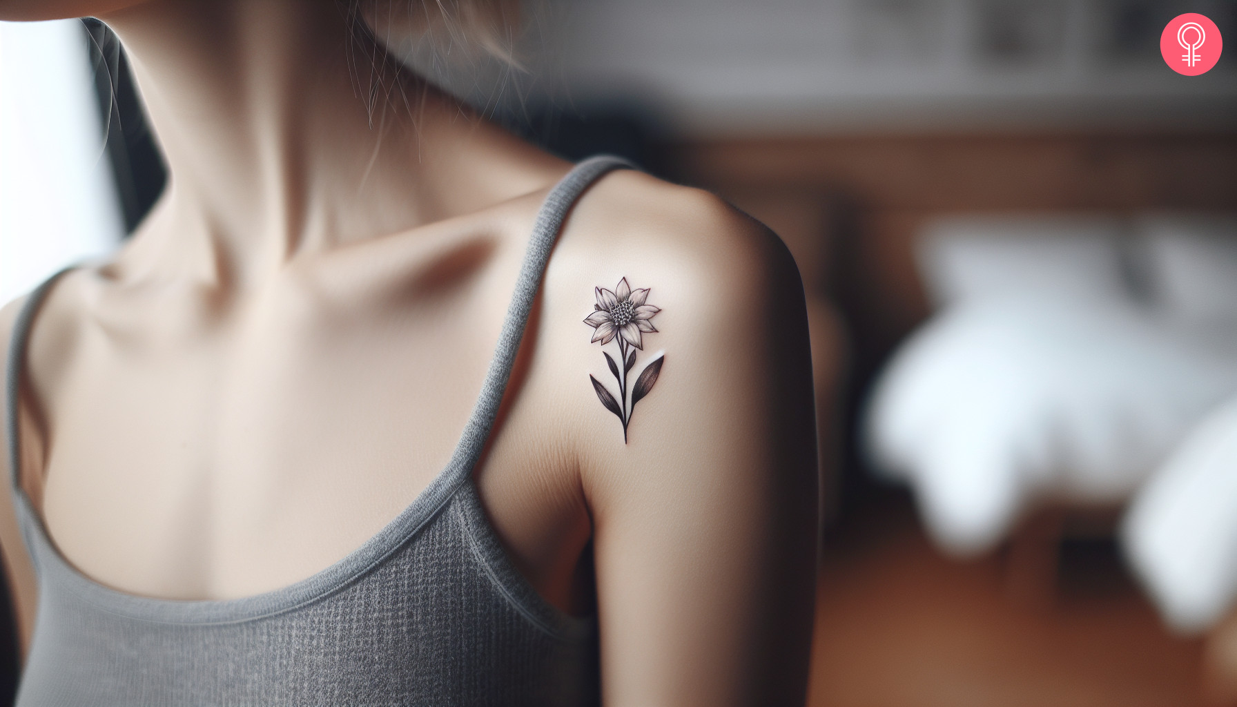 A woman with a small Edelweiss flower tattoo on her shoulder