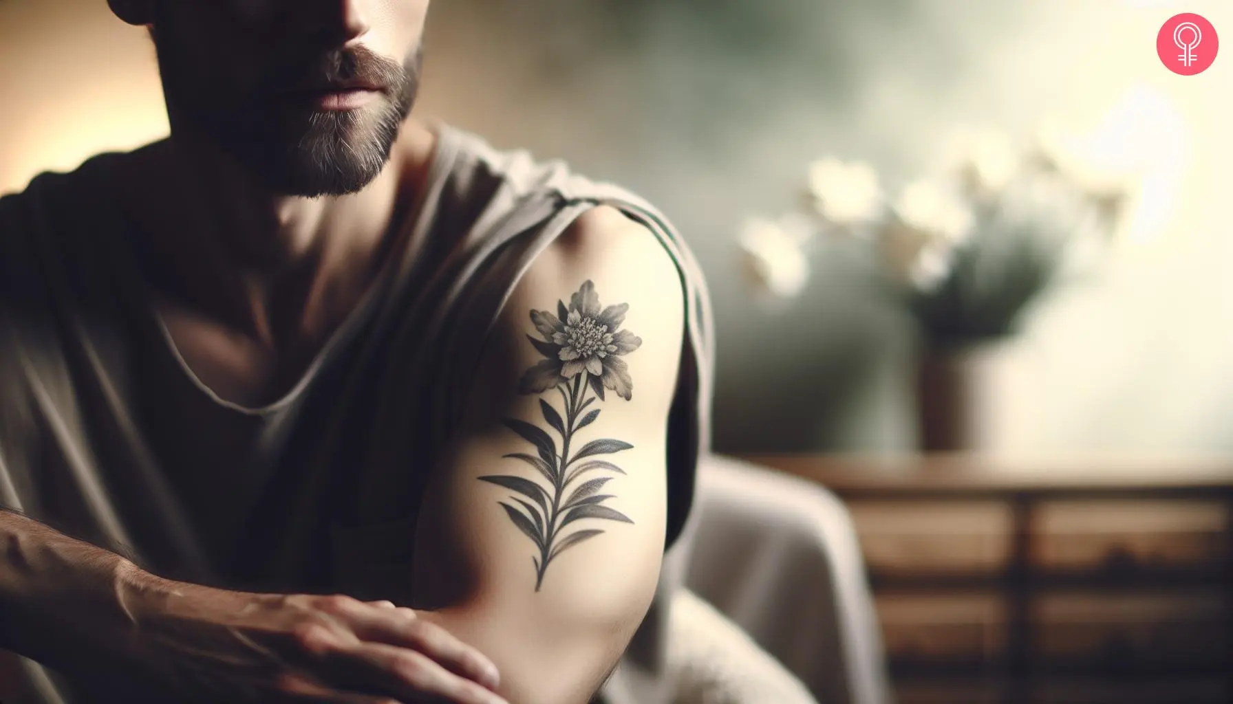 A man with a black-hued Edelweiss flower tattoo on his upper arm