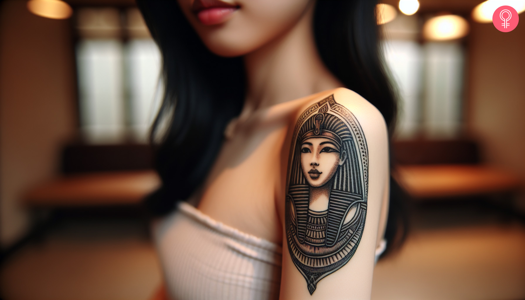 A woman with a black Egyptian Cleopatra tattoo on her upper arm