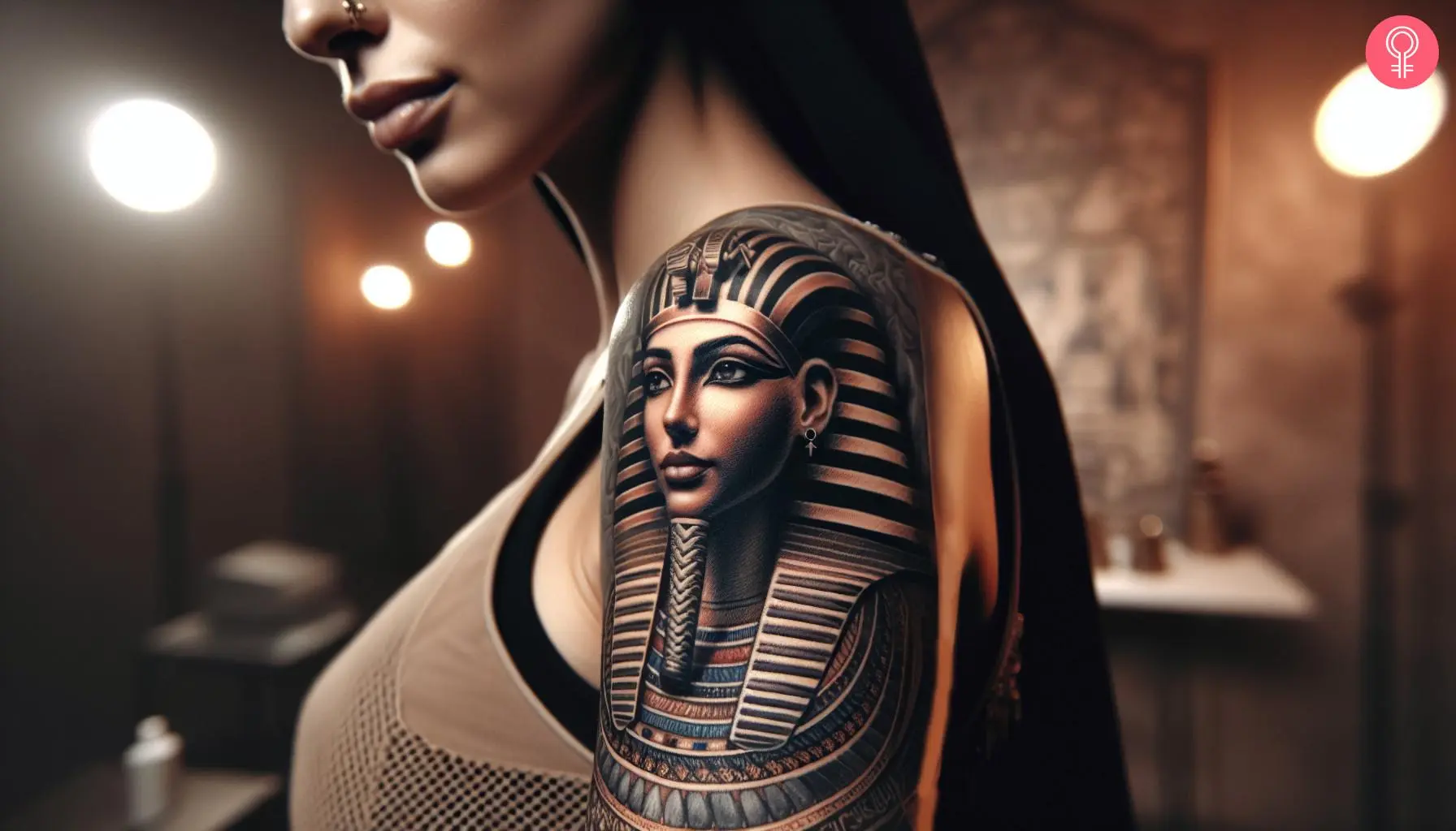 A woman with an Egyptian sphinx tattoo on her upper arm