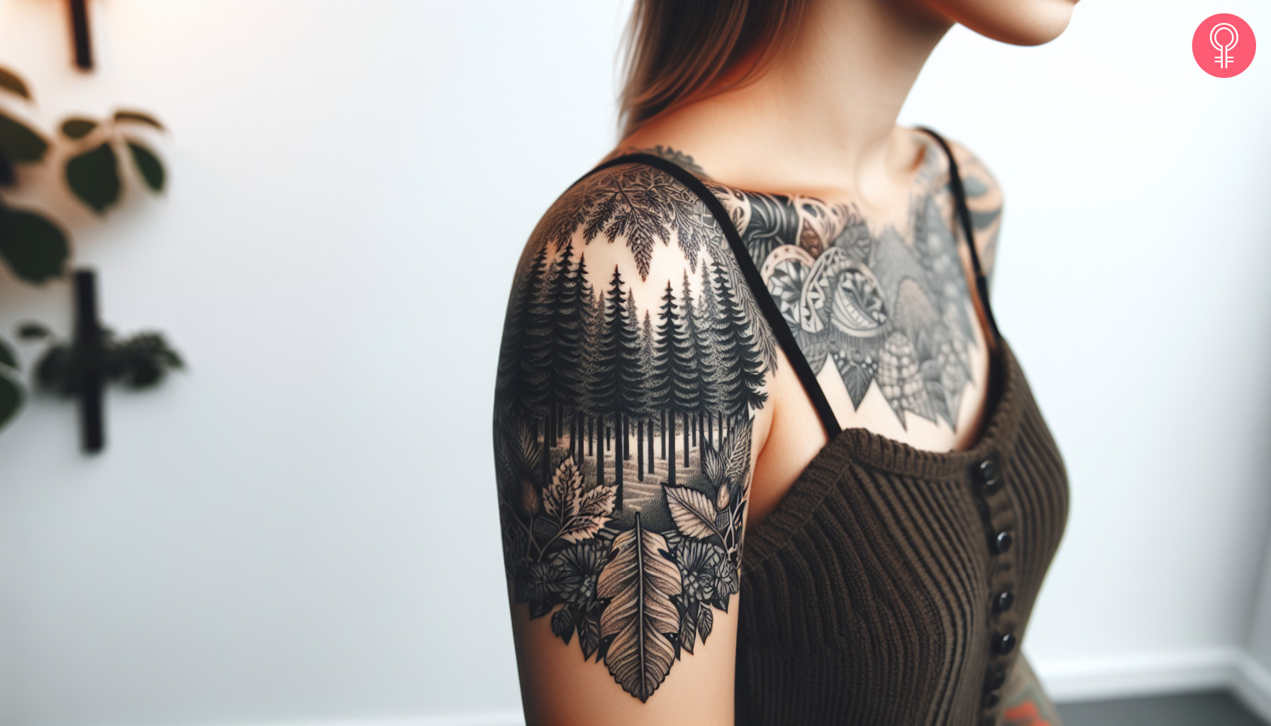 A black ink evergreen forest tattoo on the upper arm