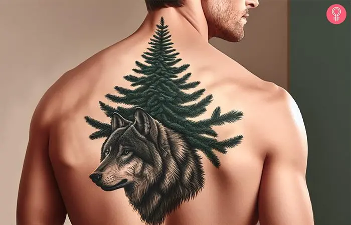 A green evergreen tree tattoo with a realistic wolf head on the upper back