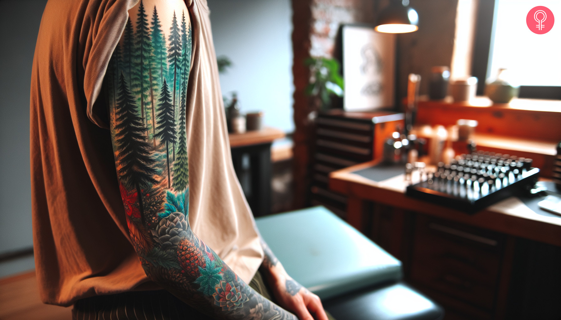 A colorful and scenic evergreen tree tattoo sleeve with blooms and pine cones