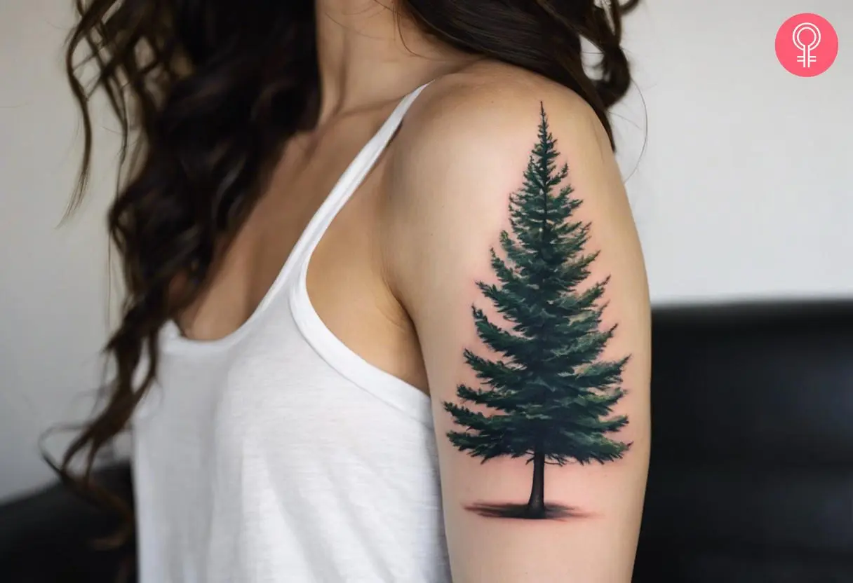 A realistic evergreen tree tattoo on the upper arm