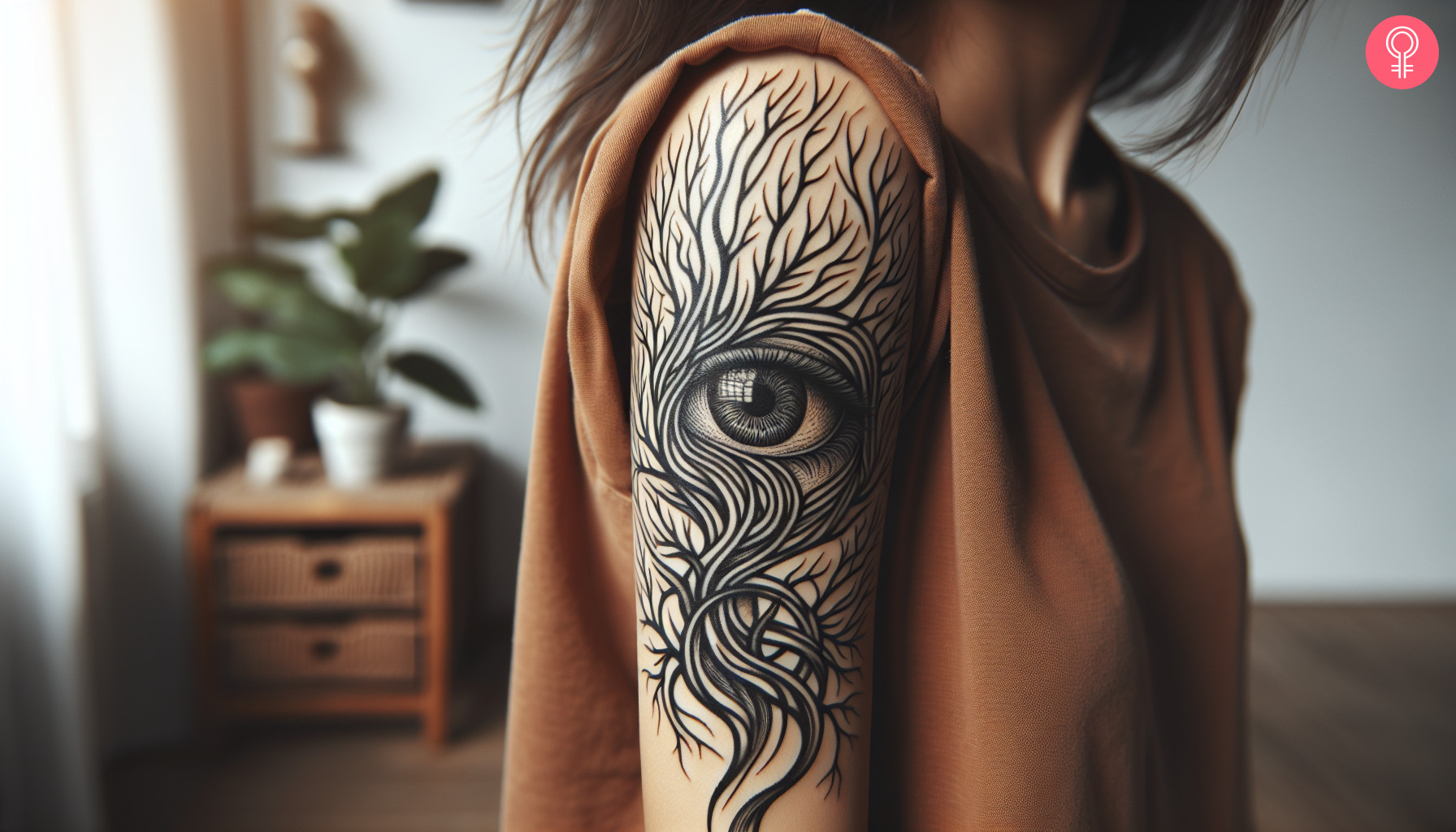 Eye tattoo with tree branches on the upper arm