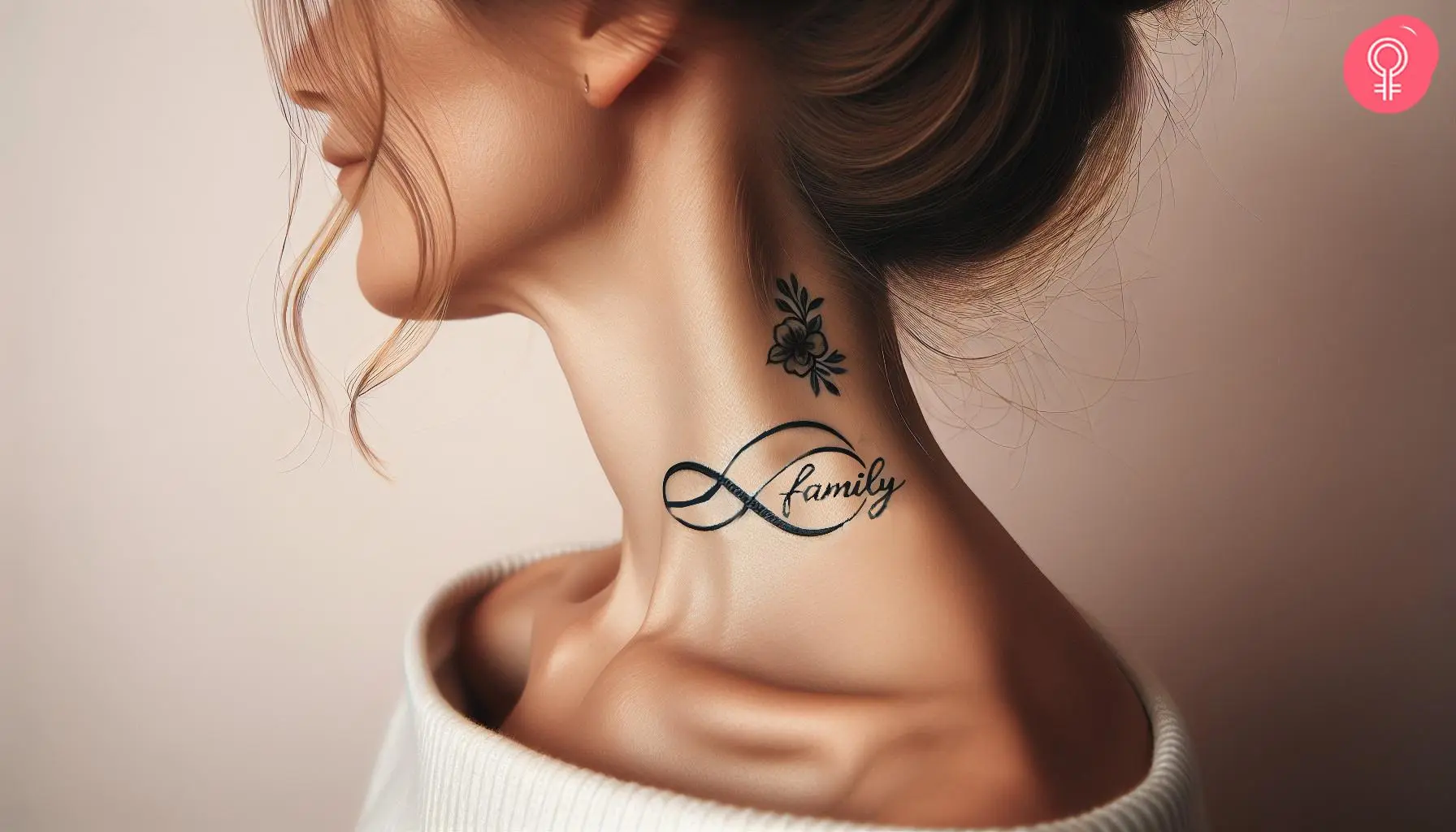 A woman with a black family infinity tattoo on her neck