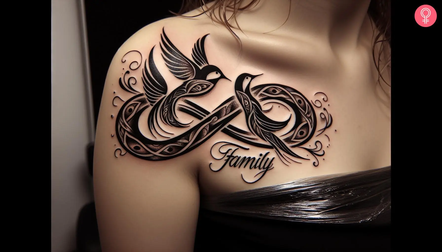 A woman with a black family infinity tattoo with birds on her shoulder 