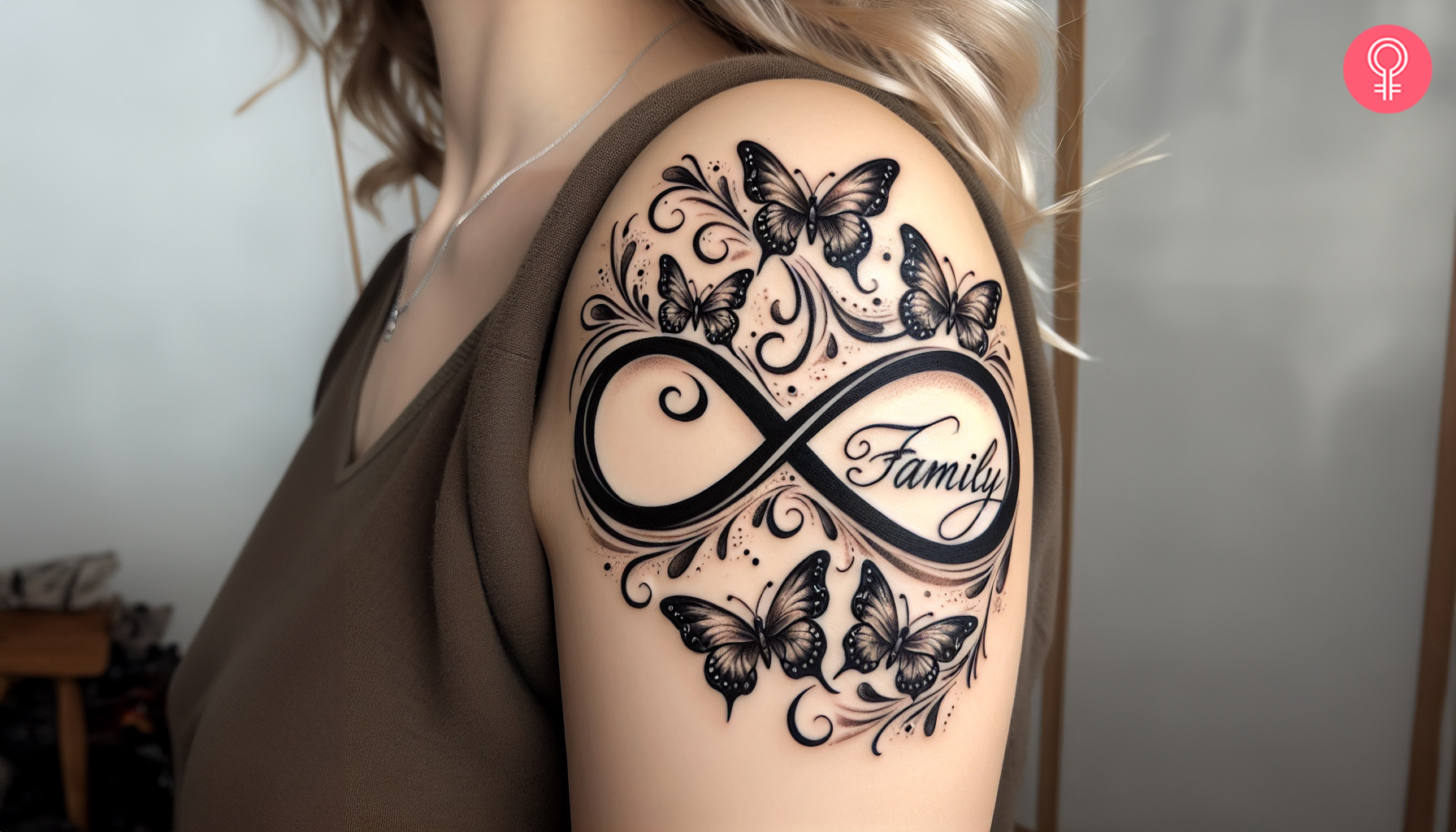 A woman with a black family infinity tattoo with butterflies on her upper arm