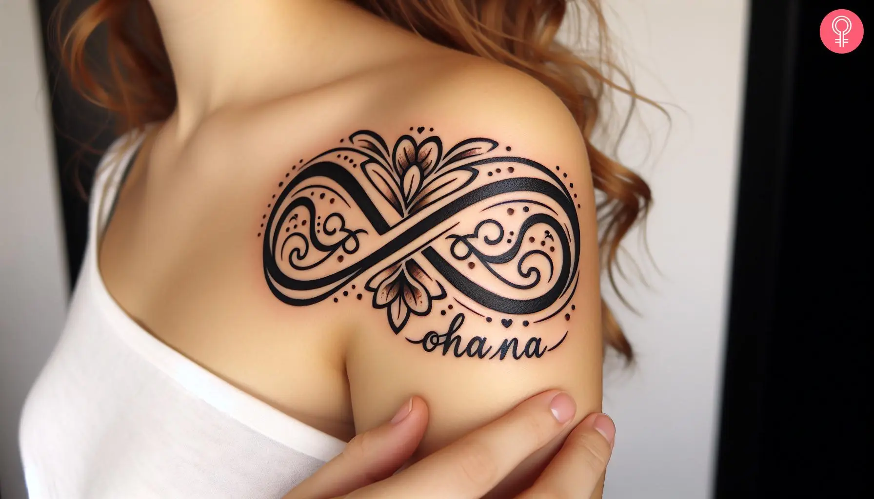 A woman with a black family ohana infinity tattoo on her shoulder