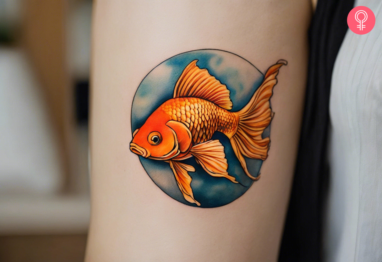 A traditional goldfish tattoo on a woman’s arm