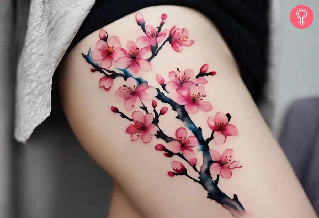 Cherry blossom tattoo on the thigh