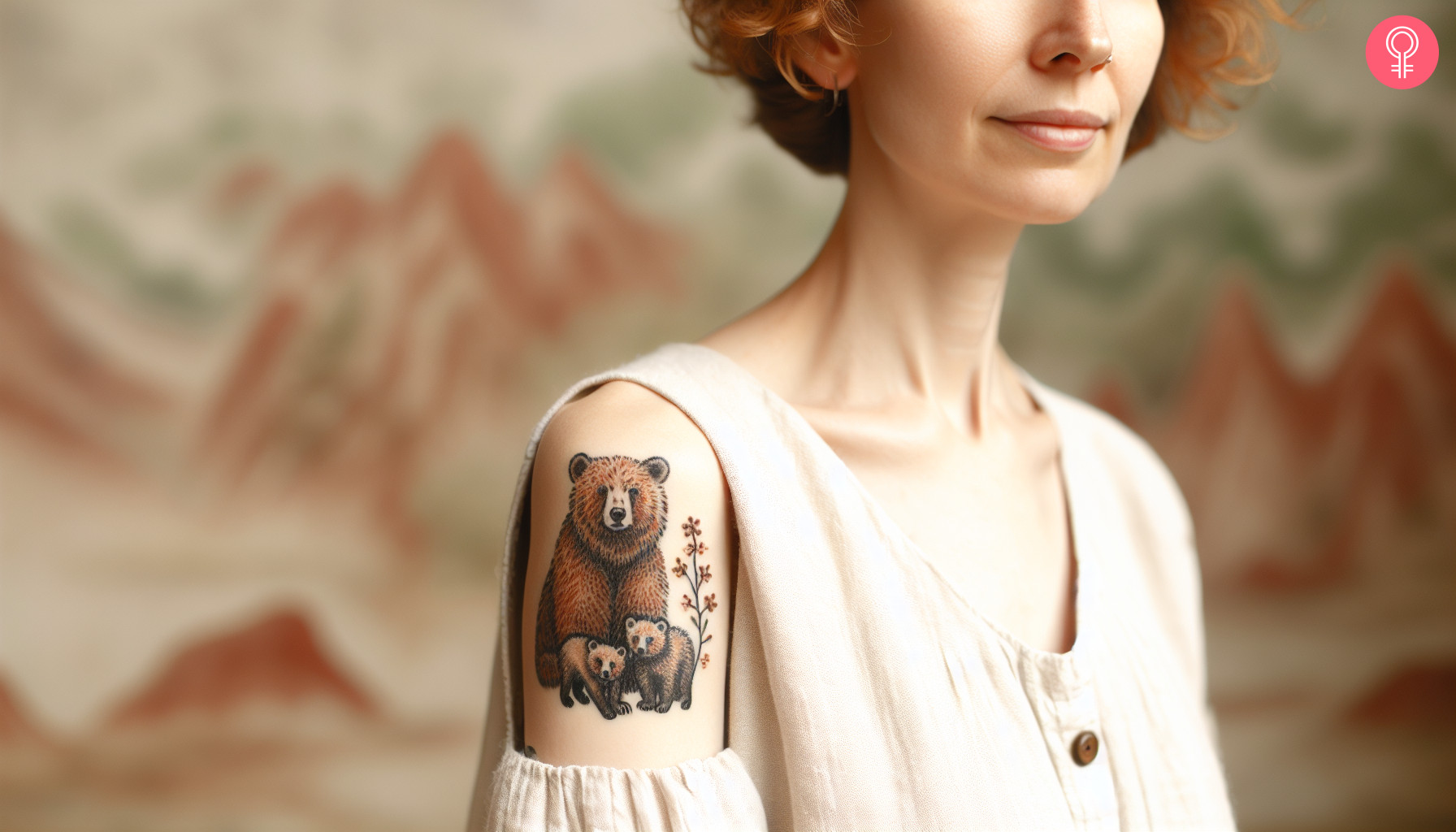 A woman with a feminine bear and cub tattoo on her upper arm