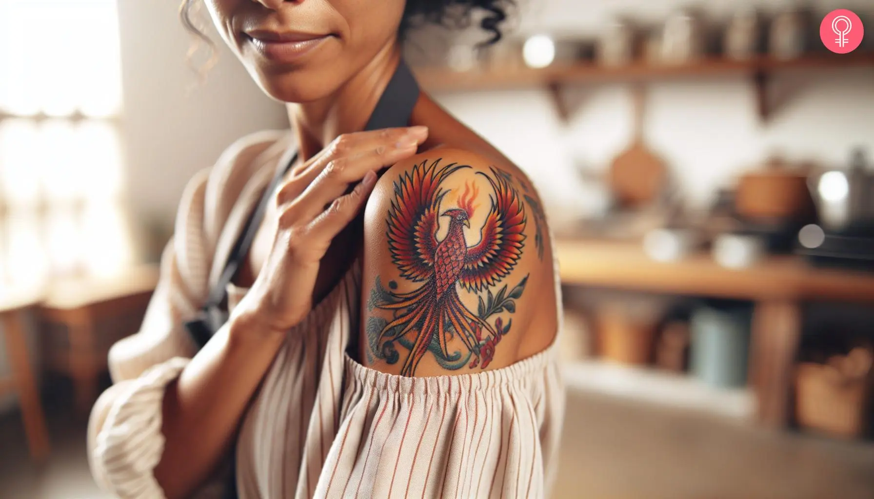 A woman with a phoenix tattoo on her shoulder