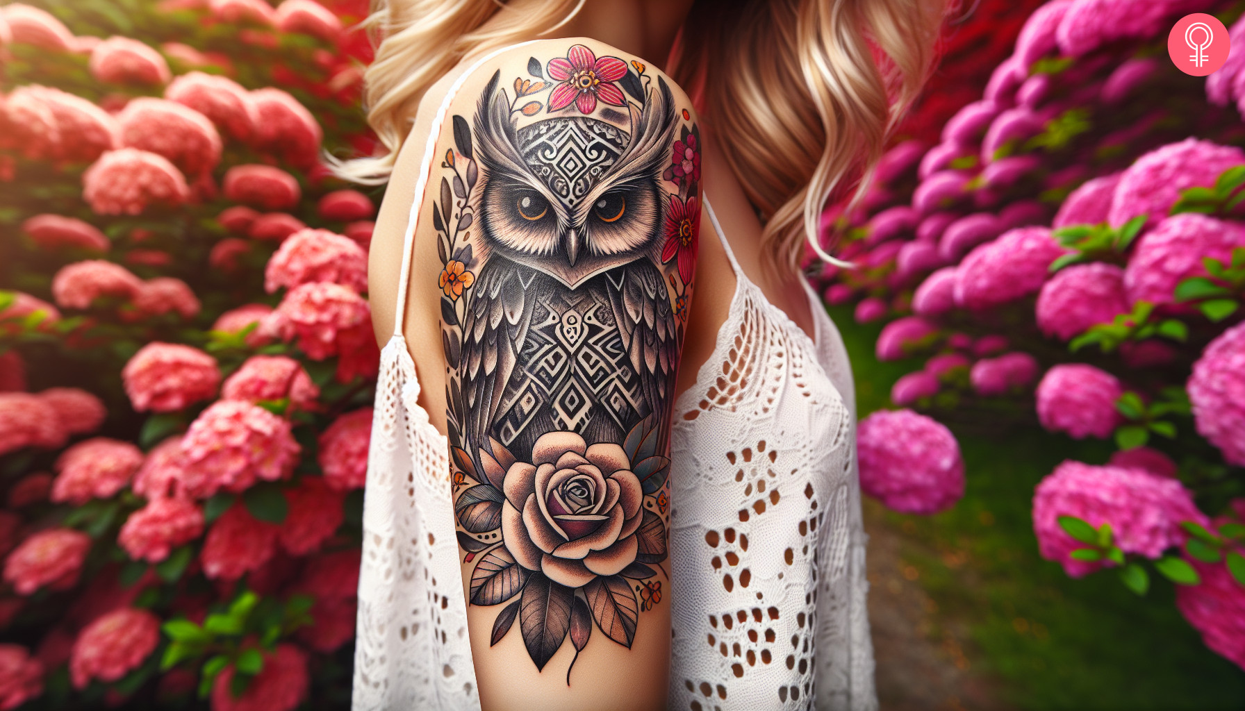 A woman with a feminine tribal owl tattoo with a large blooming rose