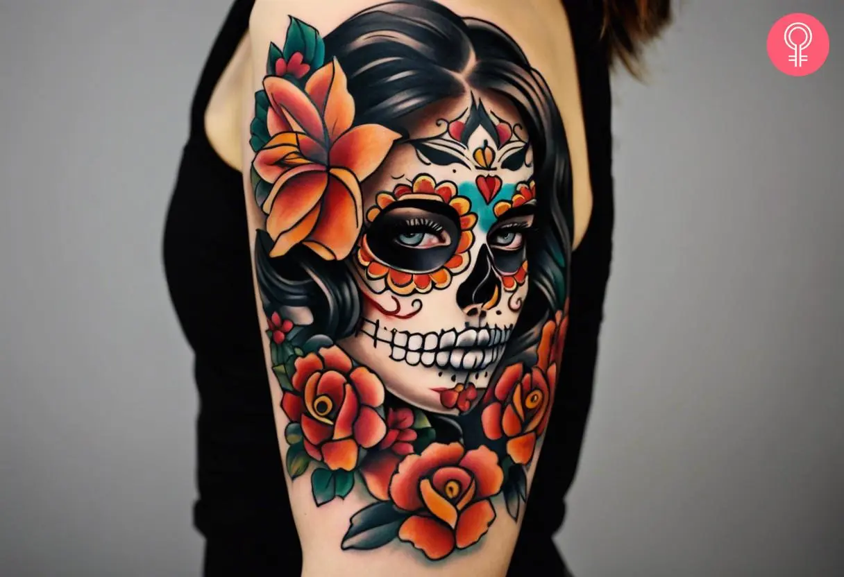 Feminine vintage sugar skull tattoo