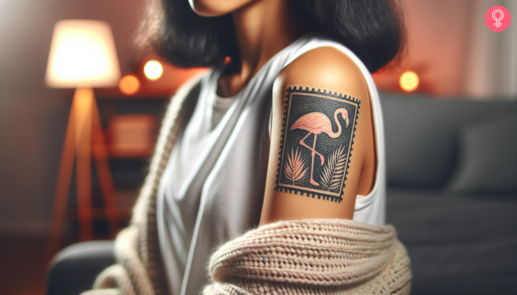 A woman wearing a Florida postage stamp tattoo on her upper arm