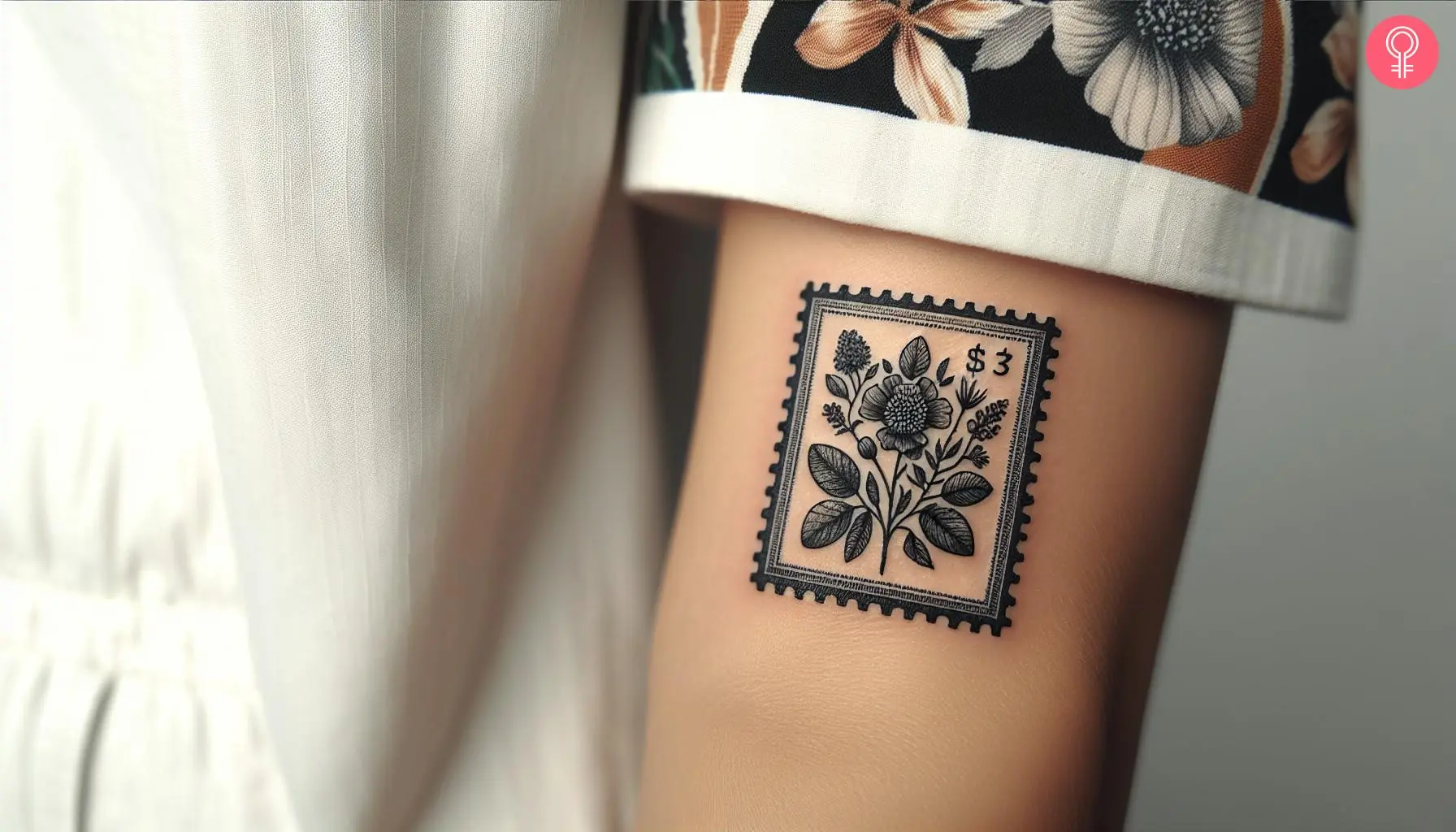 A woman wearing a flower postage stamp tattoo on the upper arm