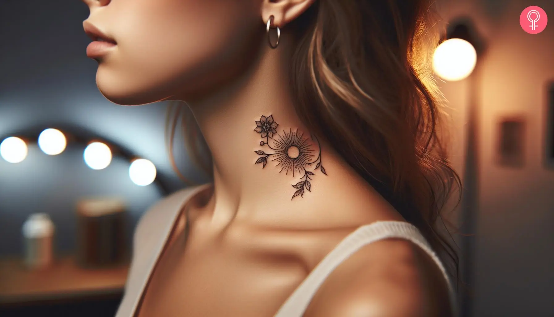 A woman with a flowers and rising sun tattoo on the neck.