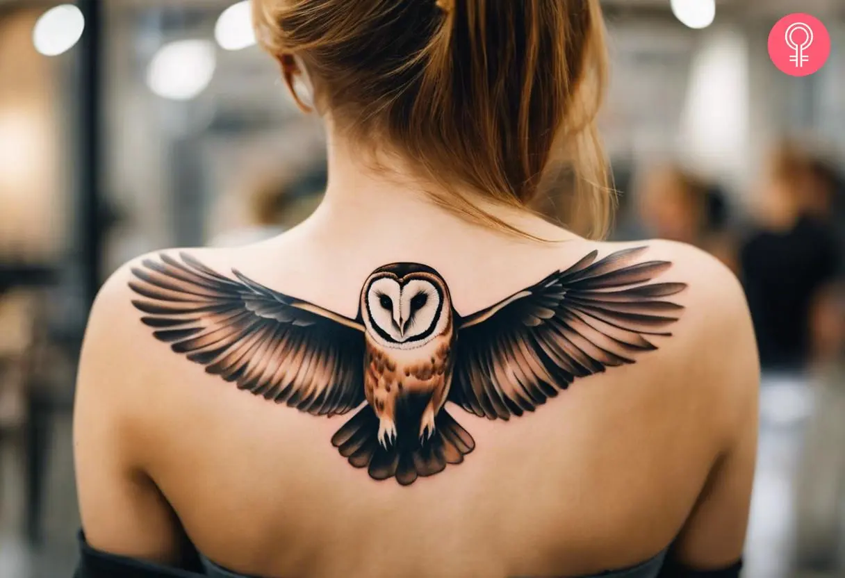 A woman with a colored flying barn owl tattoo on her upper back